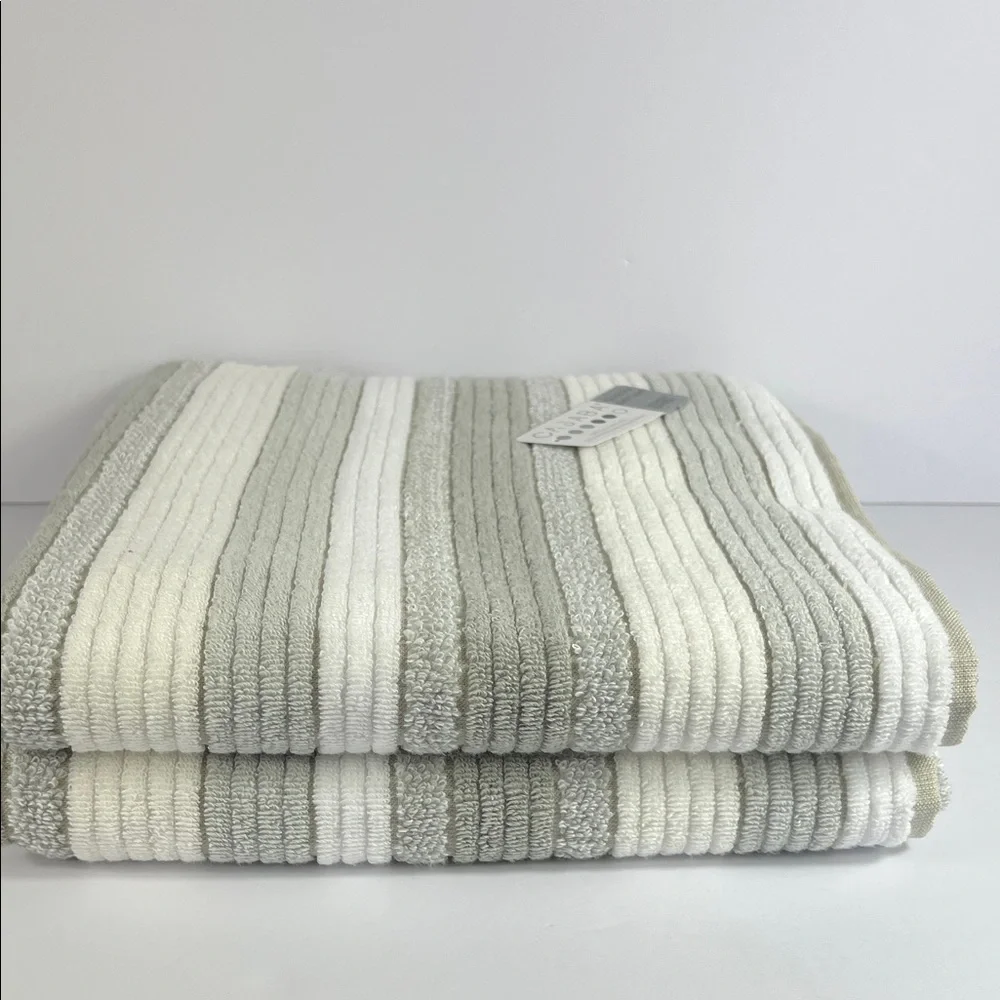Casaba Bath Towel Set Striped Taupe Tan White Zero Twist Quick Dry 2 Pc NEW